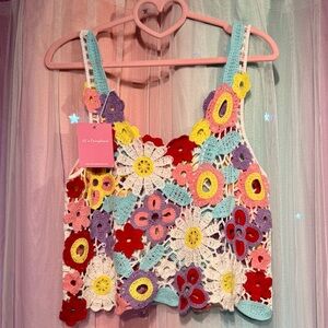 JJ’s Fairyland Crochet Floral Colorful Crop Tank Top, Cotton, NWT Large